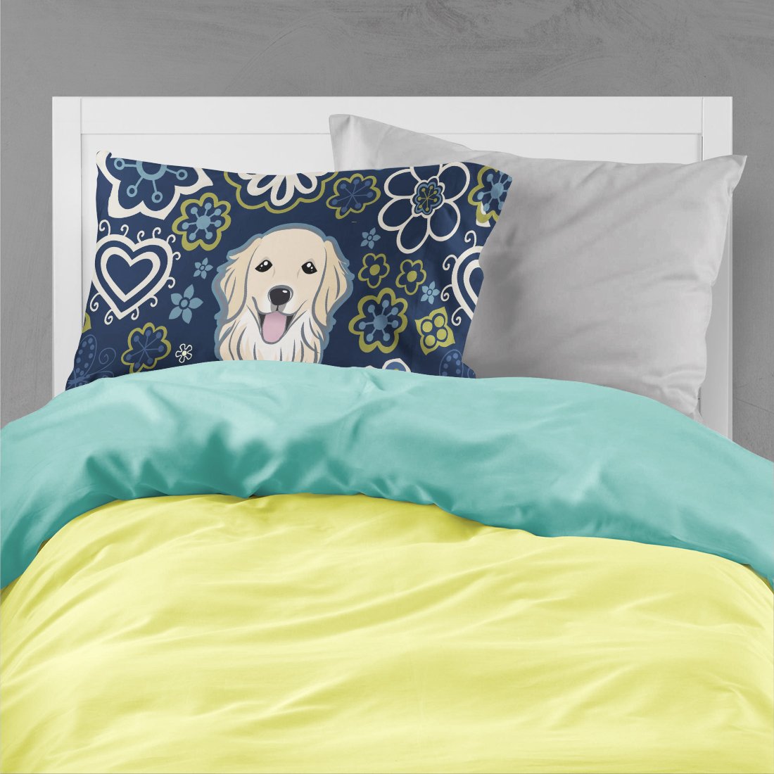 Blue Flowers Golden Retriever Fabric Standard Pillowcase – Artistic Decorative Front, White Back BB5056PILLOWCASE