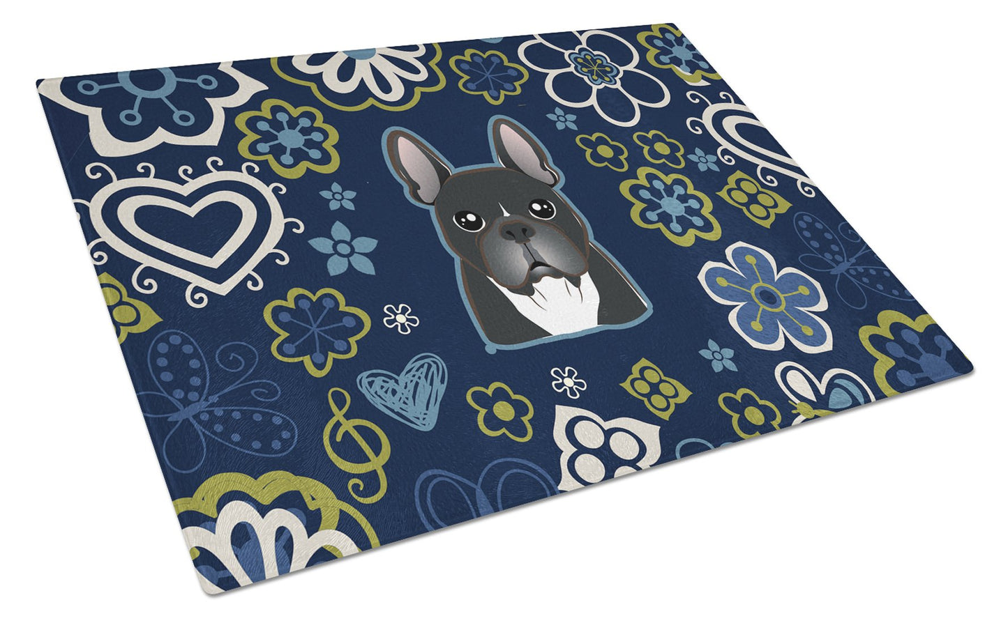 Blue Flowers French Bulldog Glass Cutting Boards – Durable, Decorative Kitchen Art Large BB5078LCB
