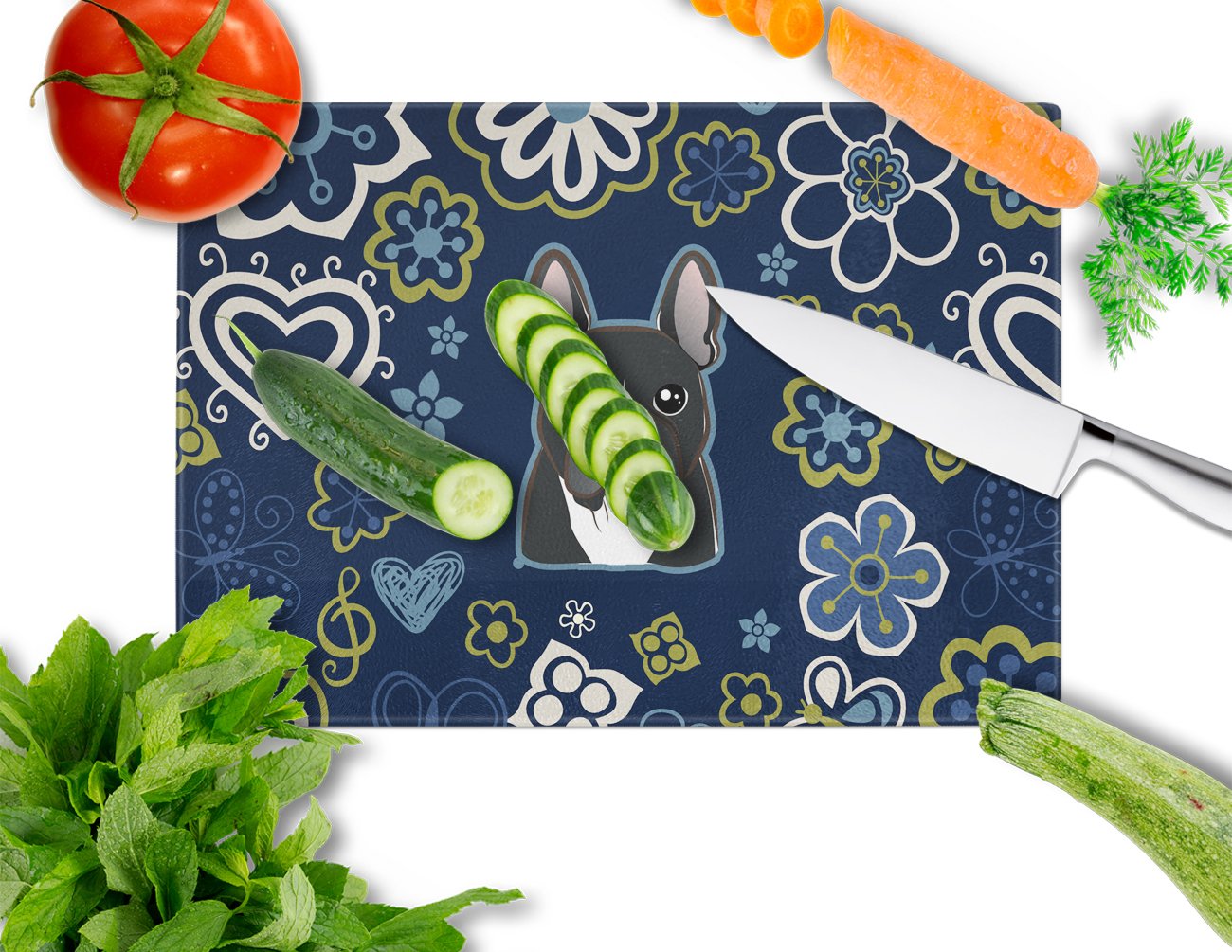 Blue Flowers French Bulldog Glass Cutting Boards – Durable, Decorative Kitchen Art Large BB5078LCB