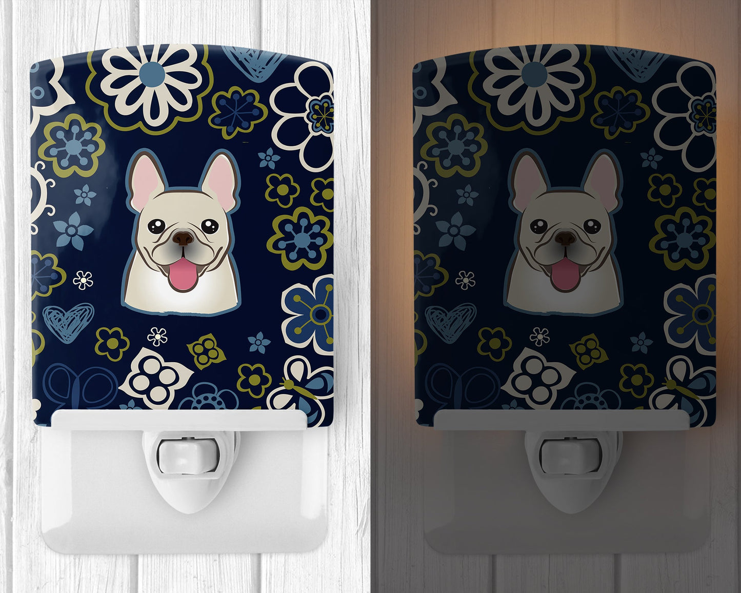 Blue Flowers French Bulldog Ceramic Night Light BB5089CNL