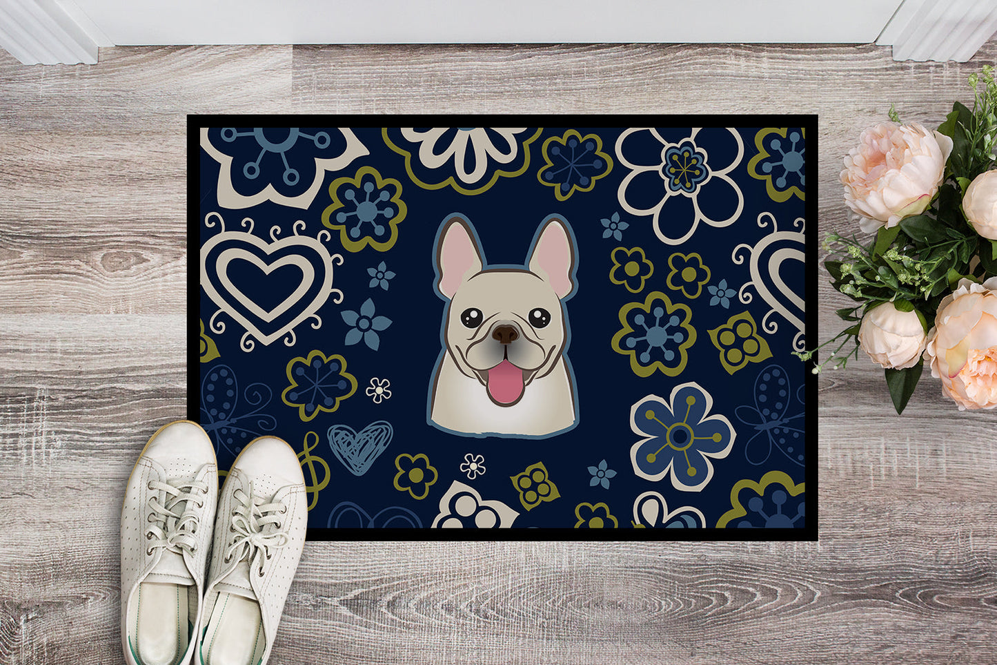 Blue Flowers French Bulldog Doormat - 18x27 Decorative Floor Mat – Indoor/Outdoor Rug with Artistic Flair BB5089MAT