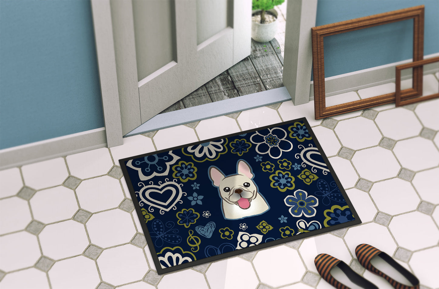 Blue Flowers French Bulldog Doormat - 18x27 Decorative Floor Mat – Indoor/Outdoor Rug with Artistic Flair BB5089MAT