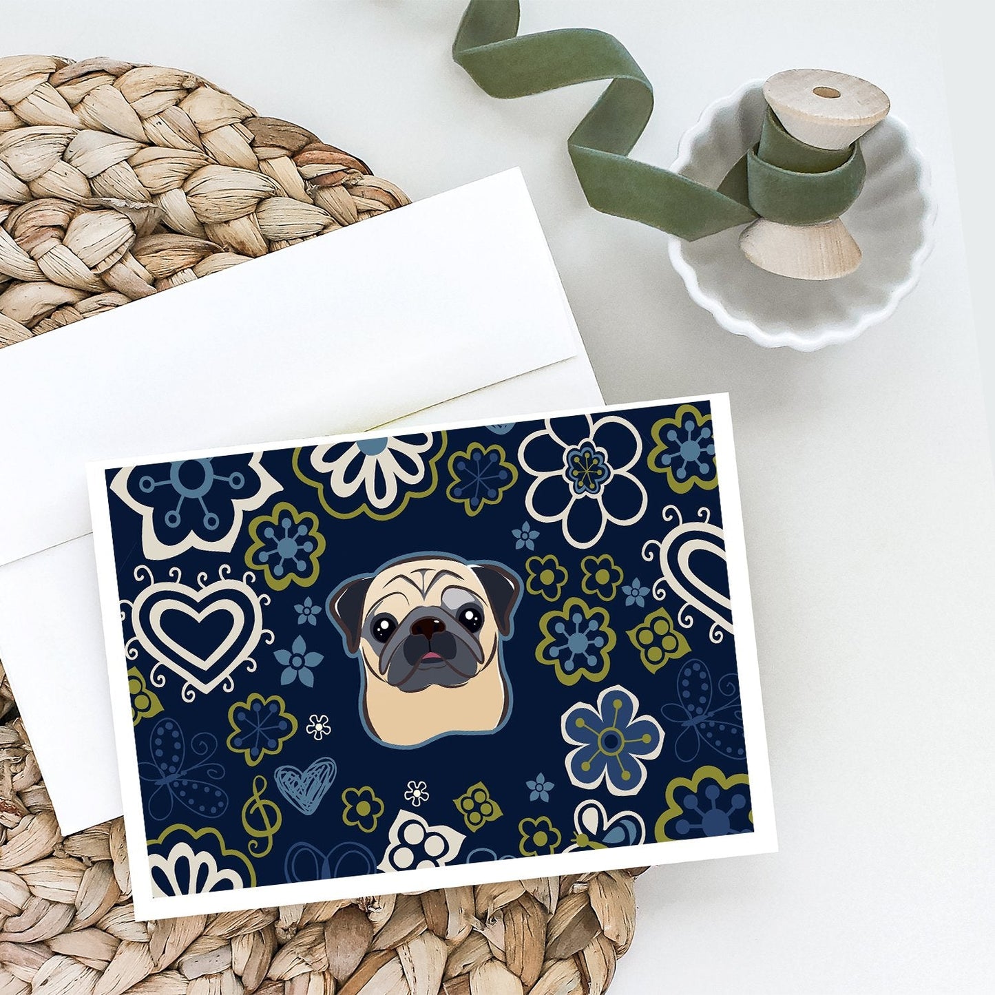Blue Flowers Fawn Pug Greeting Cards - Blank Note Cards – 8-Pack of Artist-Designed Cards with Envelopes