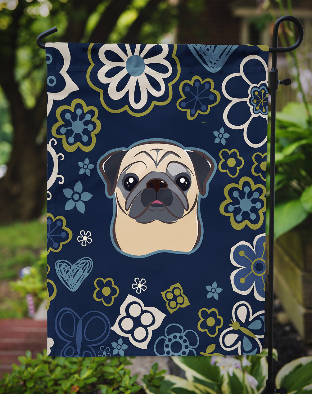 Blue Flowers Fawn Pug Garden Flag - Outdoor Decorative Yard Flag BB5113GF
