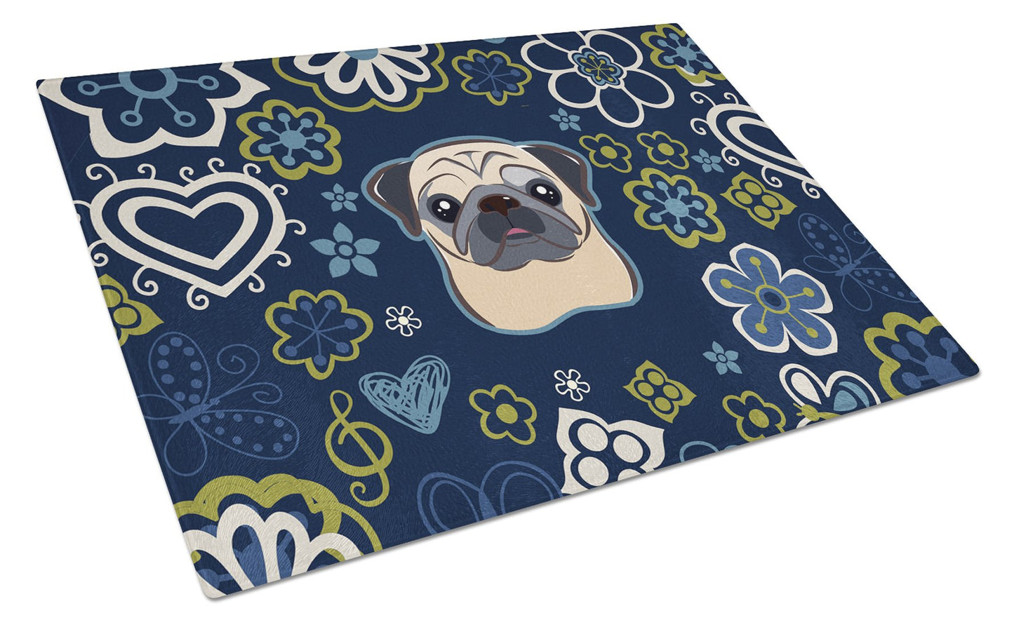 Blue Flowers Fawn Pug Glass Cutting Boards – Durable, Decorative Kitchen Art Large BB5113LCB