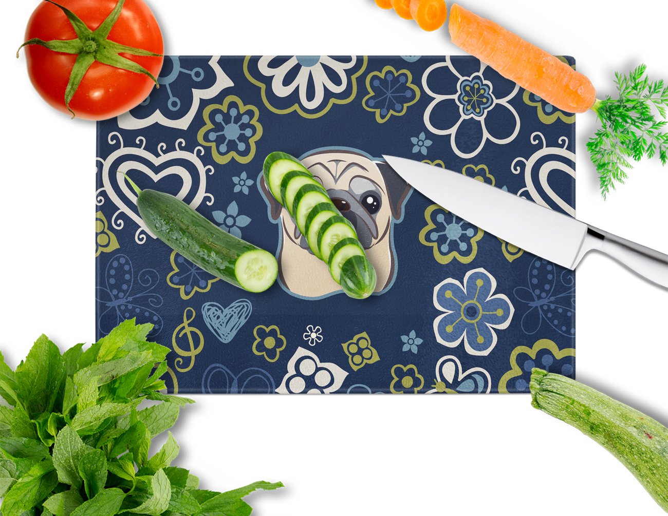Blue Flowers Fawn Pug Glass Cutting Boards – Durable, Decorative Kitchen Art Large BB5113LCB