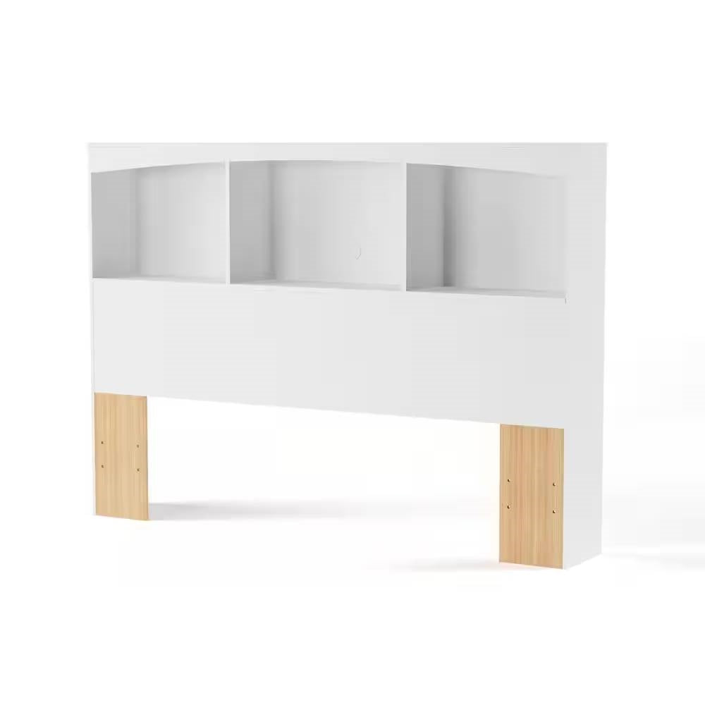 Full-Size Modern Farmhouse Bookcase Headboard in White Wood Finish - Functional & Stylish Bedroom Furniture