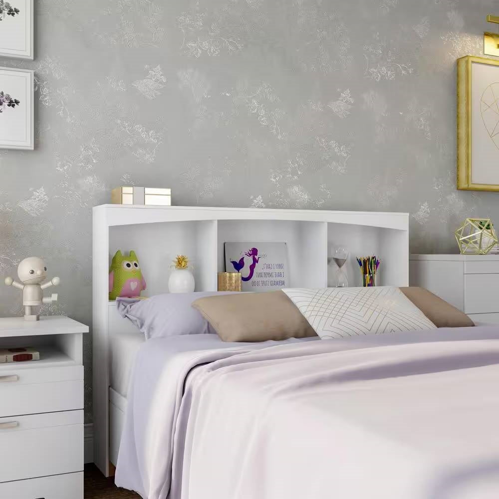 Full-Size Modern Farmhouse Bookcase Headboard in White Wood Finish - Functional & Stylish Bedroom Furniture