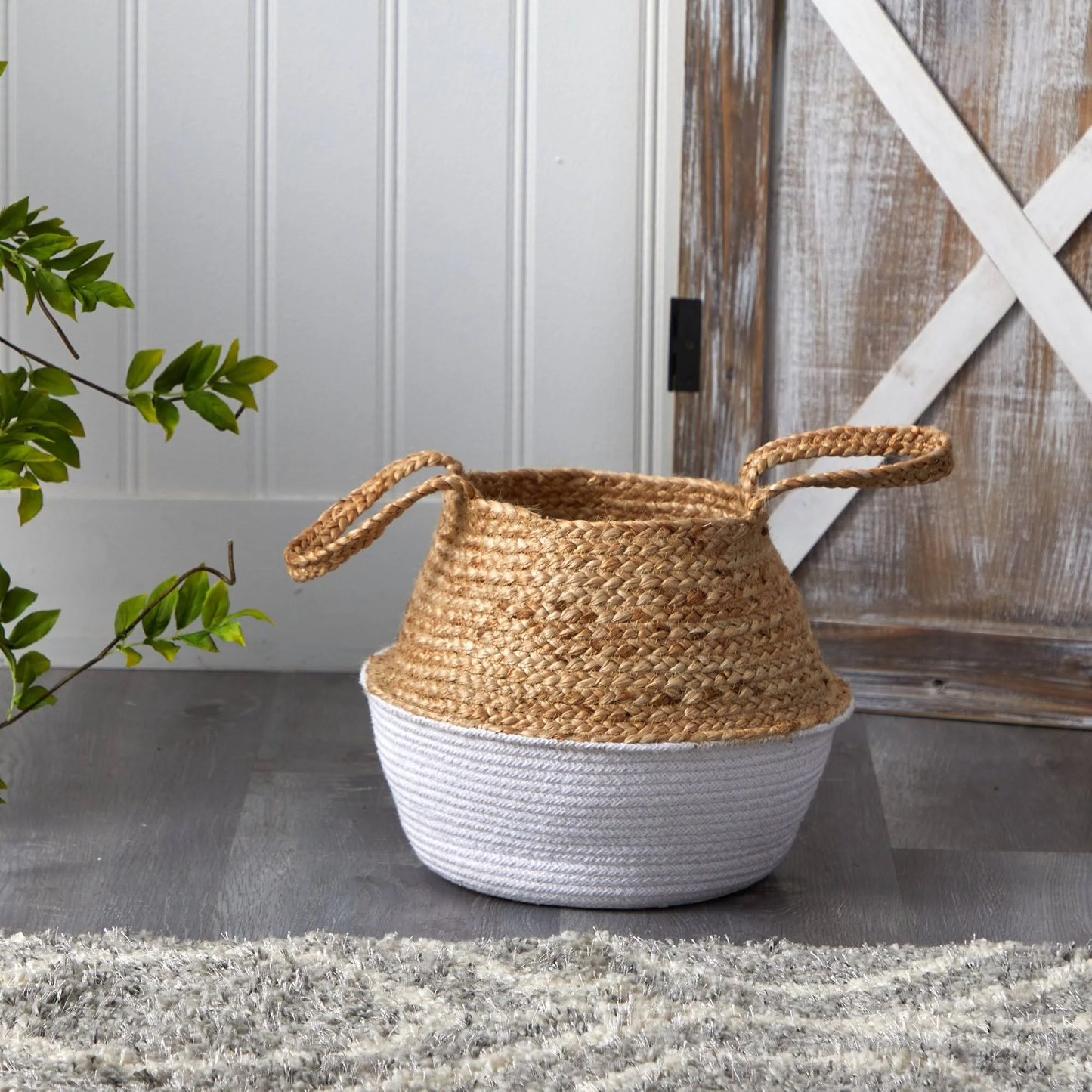 14" Boho Chic Handmade Cotton & Jute White Woven Basket