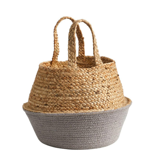 14" Boho Chic Handmade Cotton & Jute Gray Woven Basket