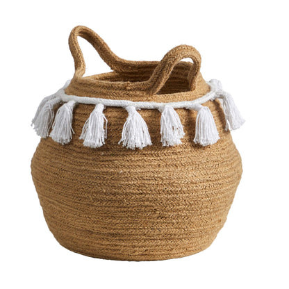 11" Boho Chic Handmade Cotton Woven Basket with Tassels