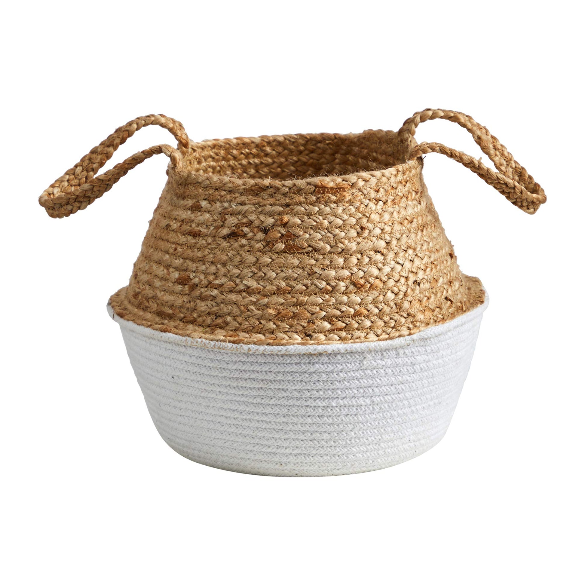 14" Boho Chic Handmade Cotton & Jute White Woven Basket