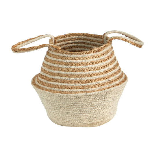 14" Boho Chic Belly Basket Natural Jute and Cotton Stripped