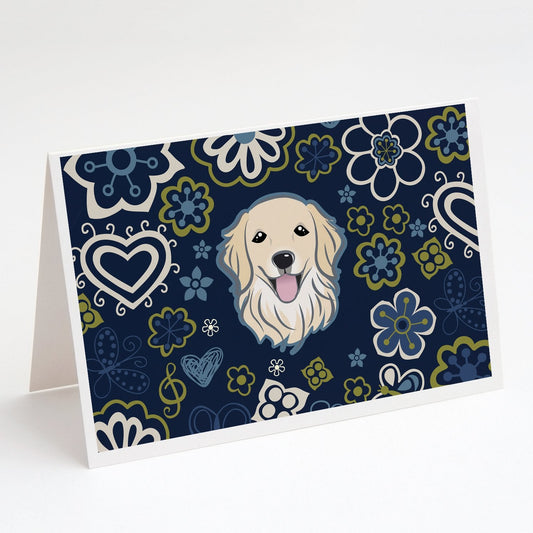 Blue Flowers Golden Retriever Greeting Cards -  Blank Note Cards – 8-Pack of Artist-Designed Cards with Envelopes