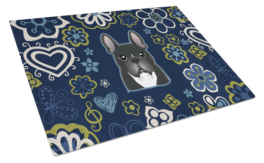 Blue Flowers French Bulldog Glass Cutting Boards – Durable, Decorative Kitchen Art Large BB5078LCB
