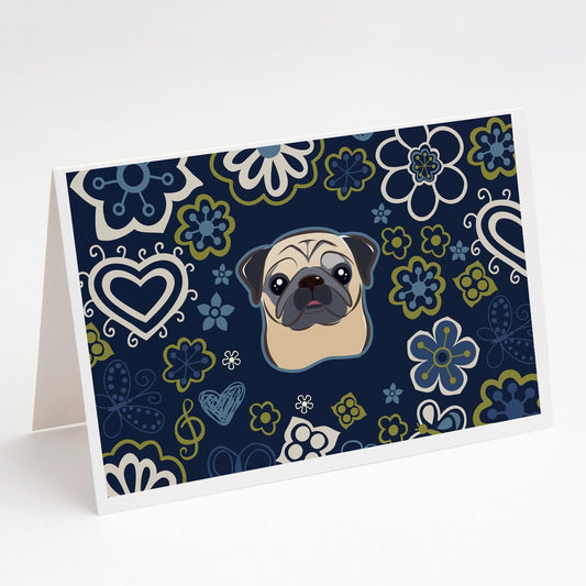 Blue Flowers Fawn Pug Greeting Cards -  Blank Note Cards – 8-Pack of Artist-Designed Cards with Envelopes