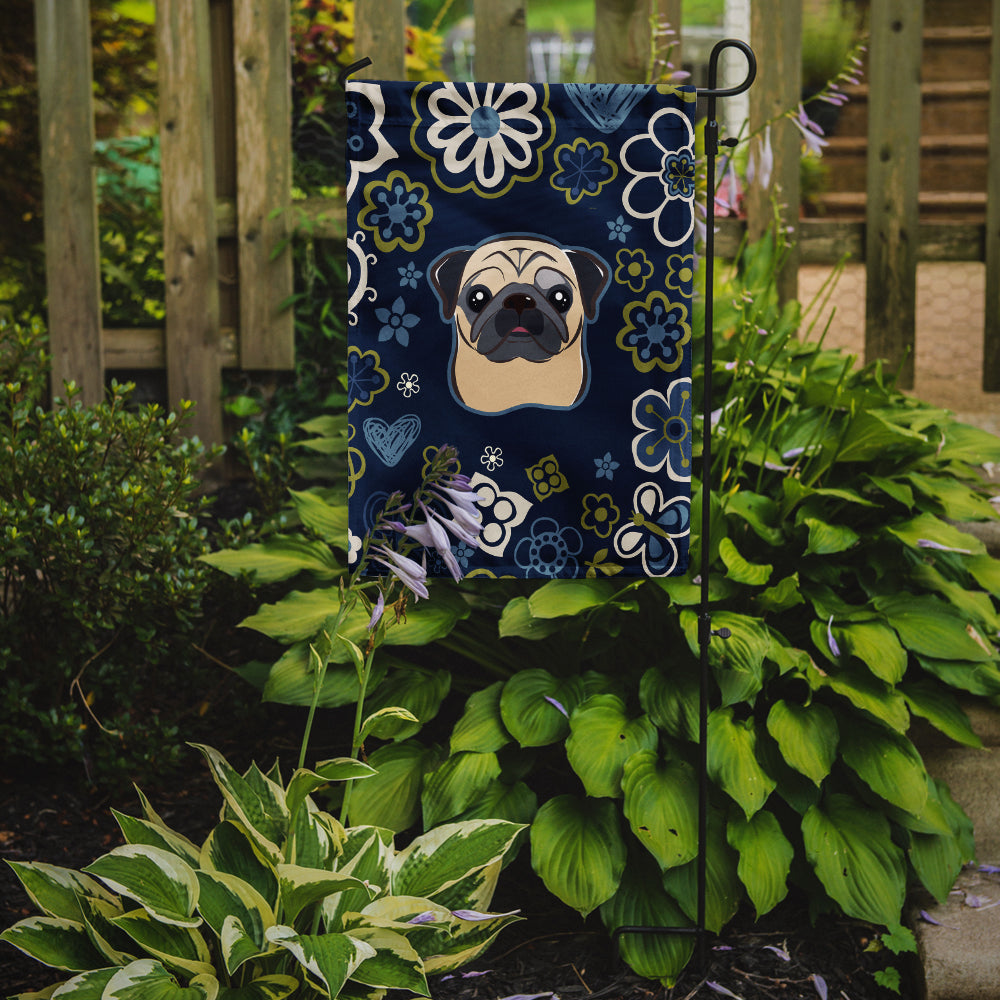 Blue Flowers Fawn Pug Garden Flag - Outdoor Decorative Yard Flag BB5113GF
