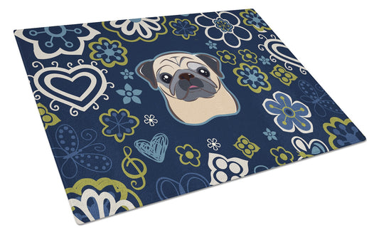 Blue Flowers Fawn Pug Glass Cutting Boards – Durable, Decorative Kitchen Art Large BB5113LCB