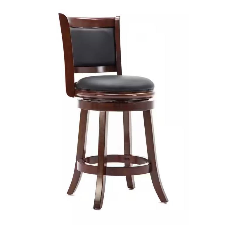 Counter Height Barstool in Cherry Wood Finish with Black Padded Swivel Seat