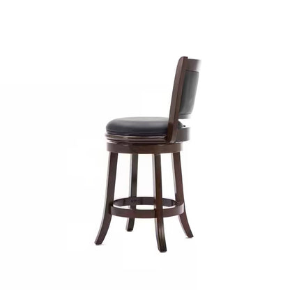 Counter Height Barstool in Dark Brown Wood Finish with Black Padded Swivel Seat