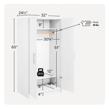 Bedroom Armoire Wardrobe Cabinet with Hanging Rail in White Wood Finish