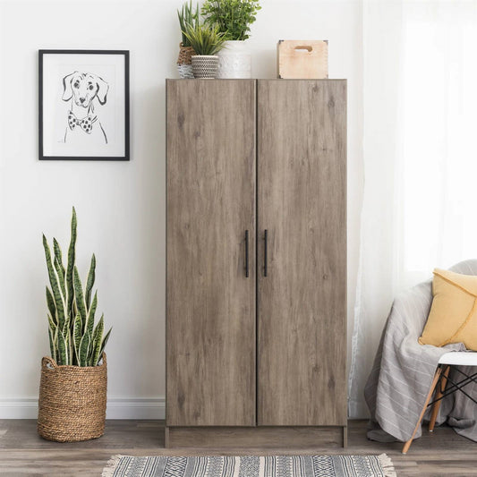 Bedroom Armoire Wardrobe Cabinet with Hanging Rail in Grey Brown Wood Finish