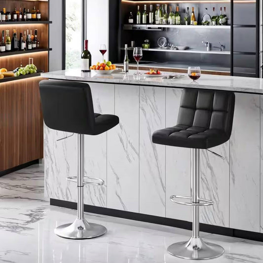 Set of 2- Black Faux Leather Barstool with Low Back Swivel Seat