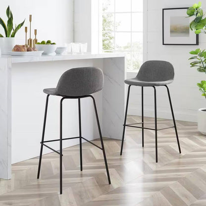 Set of 2 - Modern Low Back Barstool with Black Metal Frame and Grey Linen Seat