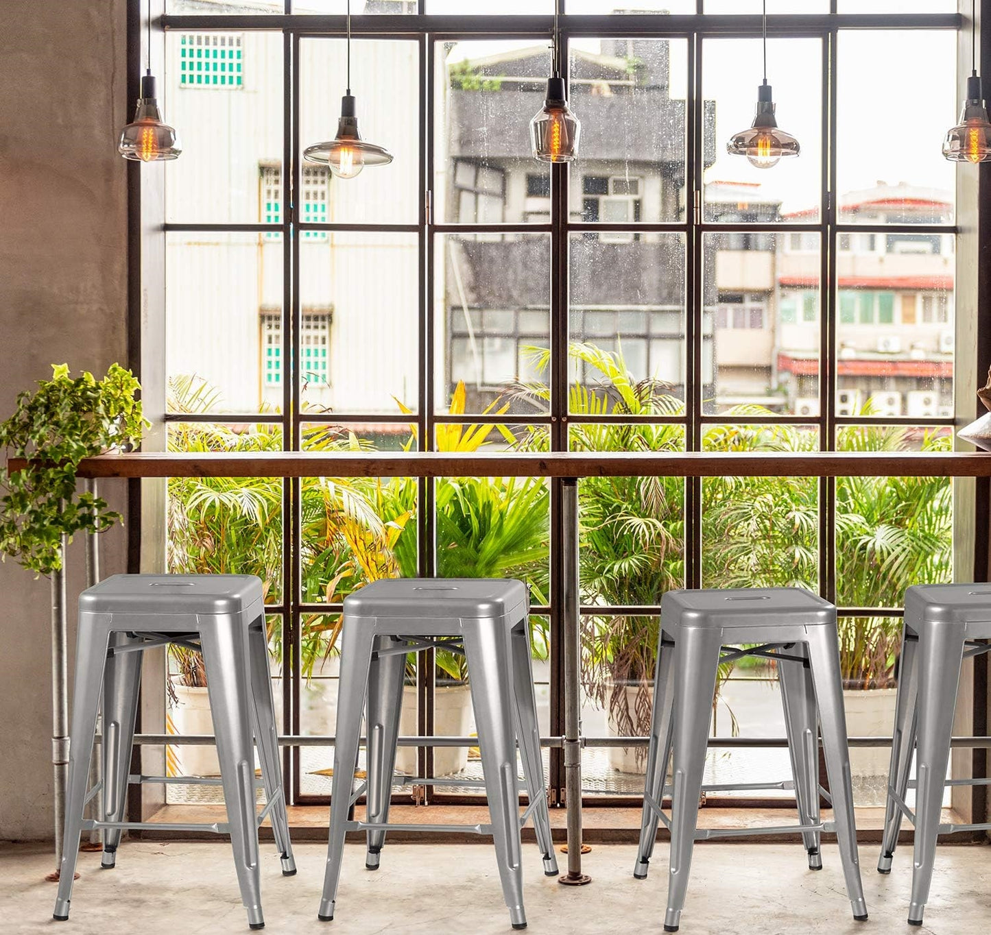 Set of 4 - 24-in. Indoor/Outdoor Backless Stacking Silver Metal Barstools