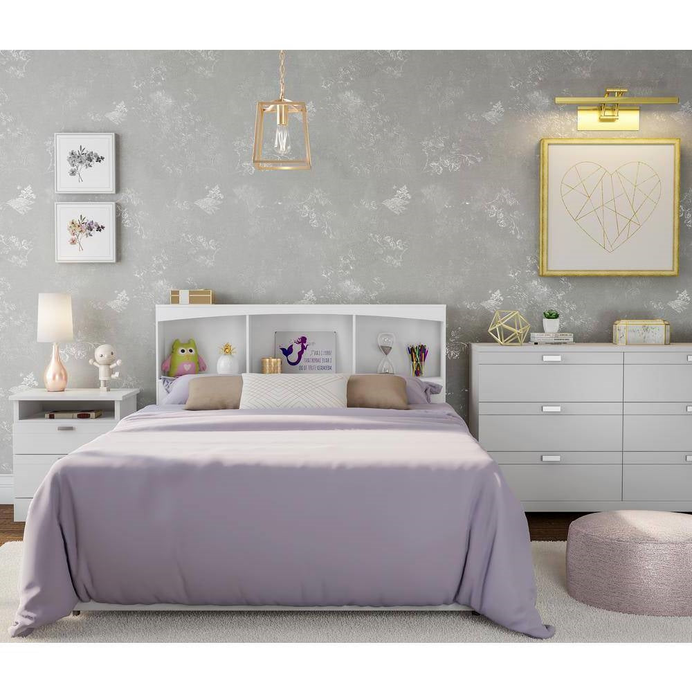 Full-Size Modern Farmhouse Bookcase Headboard in White Wood Finish - Functional & Stylish Bedroom Furniture