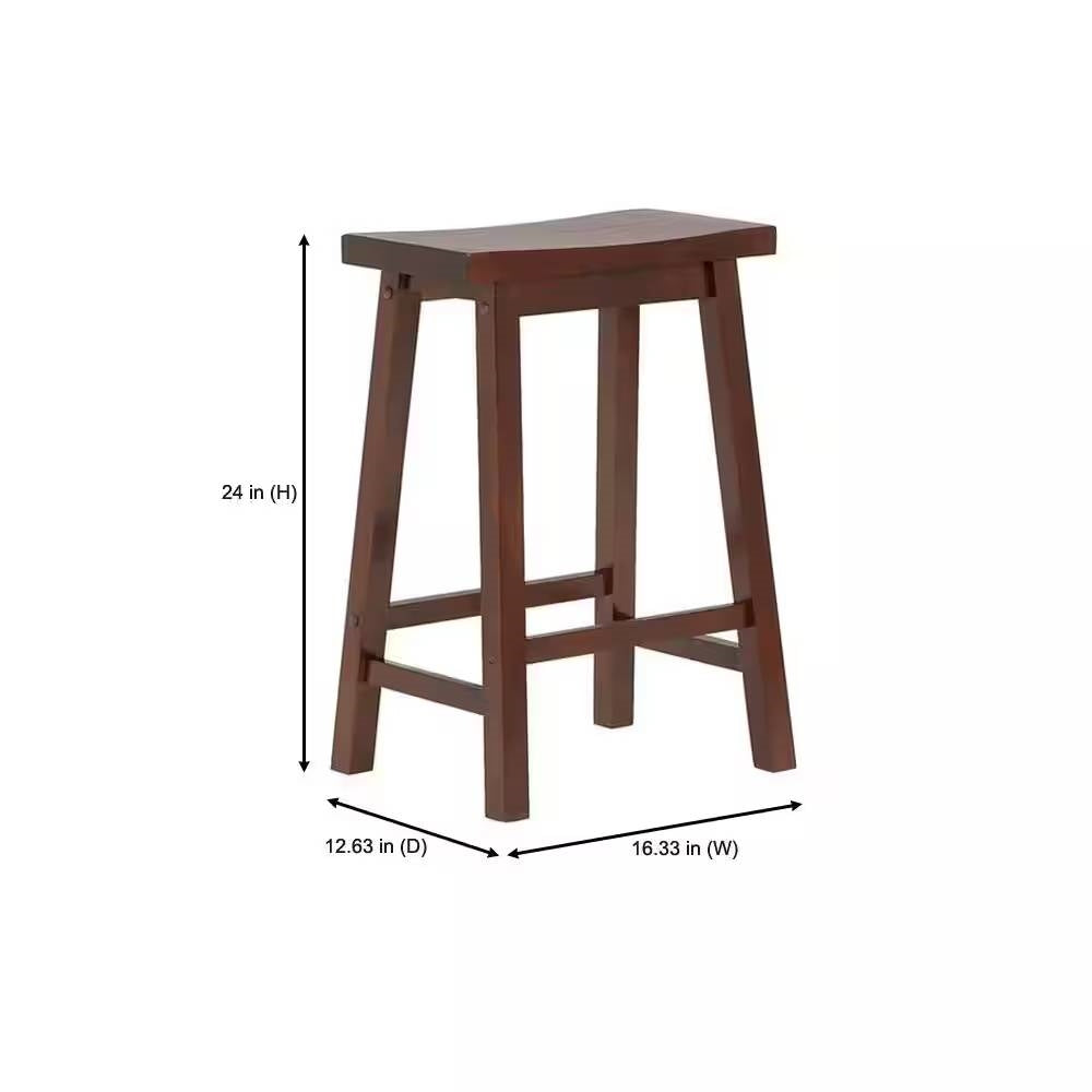 Set of 2 Farmhouse Counter Height Saddle Bar Stools in Brown Walnut Wood Finish