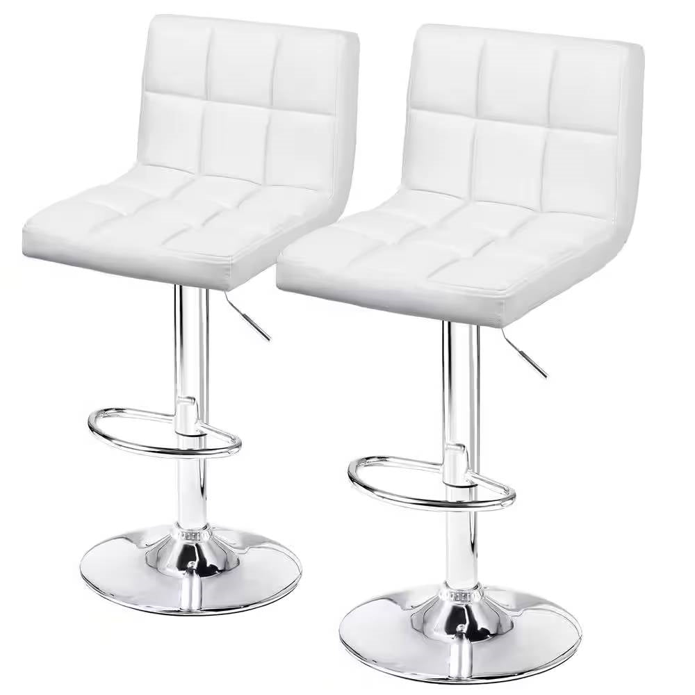 Set of 2- White Faux Leather Barstool with Low Back Swivel Seat