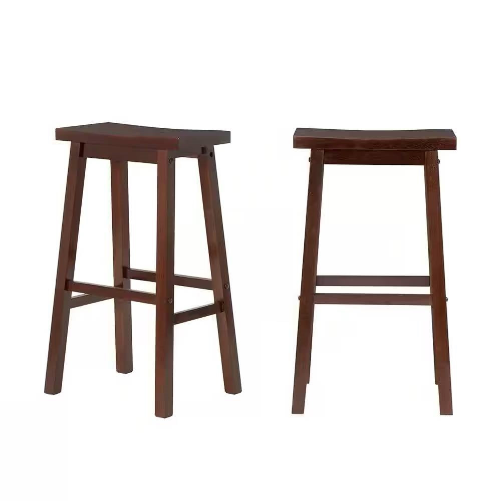 Set of 2 Farmhouse Bar Height Saddle Seat Barstools in Brown Walnut Wood Finish